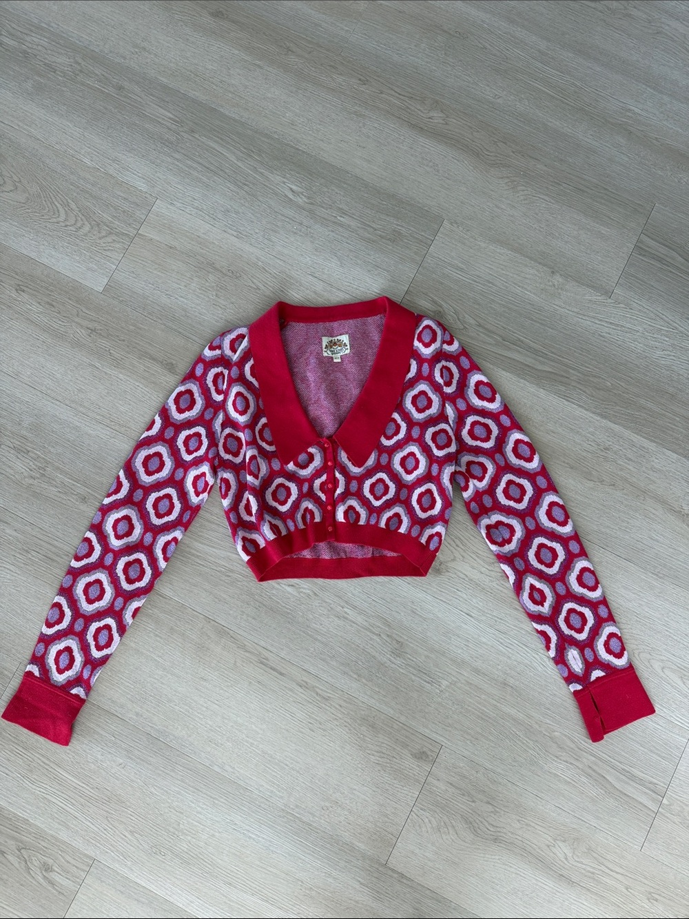 Nine Lives Bazaar Red & White Geometric Cropped Cardigan with Peter Pan Collar